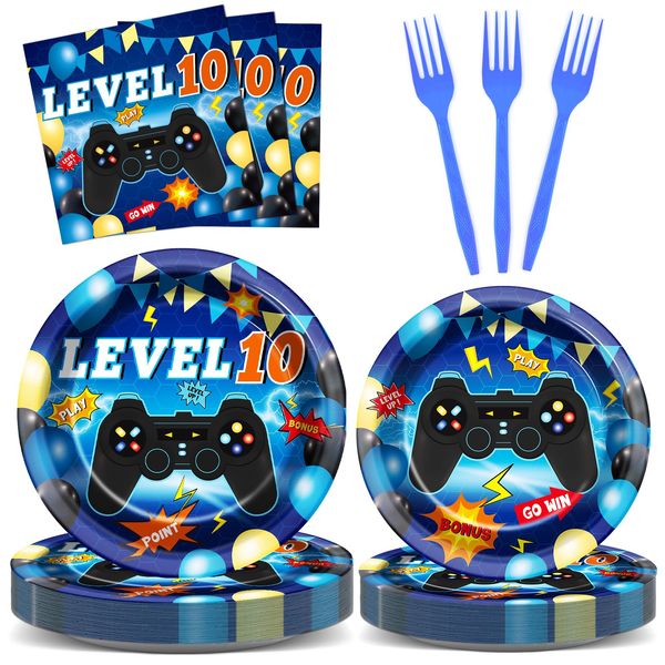 96Pcs 10th Birthday Video Game Party Supplies Blue 10th Plates and Napkins Tableware Set Level 10 Party Decorations for Boys Gamer Birthday 10 Year Old Party Favors for 24 Guests