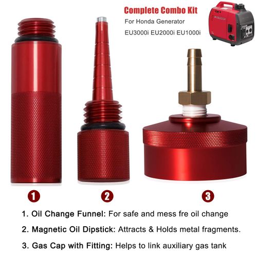 for Honda EU3000i EU2000i EU1000i Generator Extended Run Gas Cap, Mess Free Oil Change Funnel & Magnetic Oil Dipstick Aluminum Red (Set of 3)