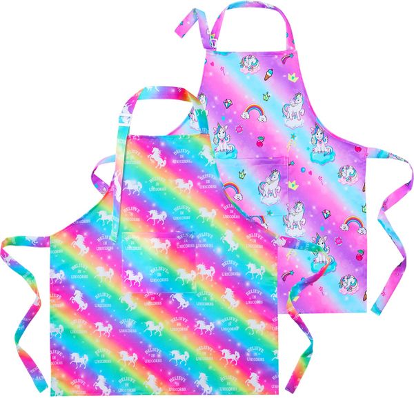 Sylfairy Aprons for Kids Girls Rainbow Galaxy Unicorn Apron with Pockets for Children Kitchen Chef Aprons for Cooking Baking Painting and Party(Medium,6-12Years)