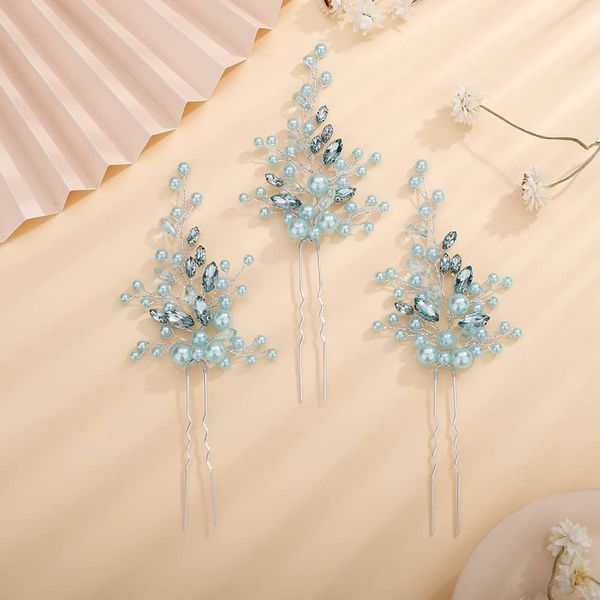 Teyglen Bride Wedding Crystal Pearls Hair Pins Vintage Pearl Hair Pins Set Bridal Rhinestone Hair Pieces Headpieces Vintage Hair Accessories Jewelry Set for Women Girls (Mint Green)