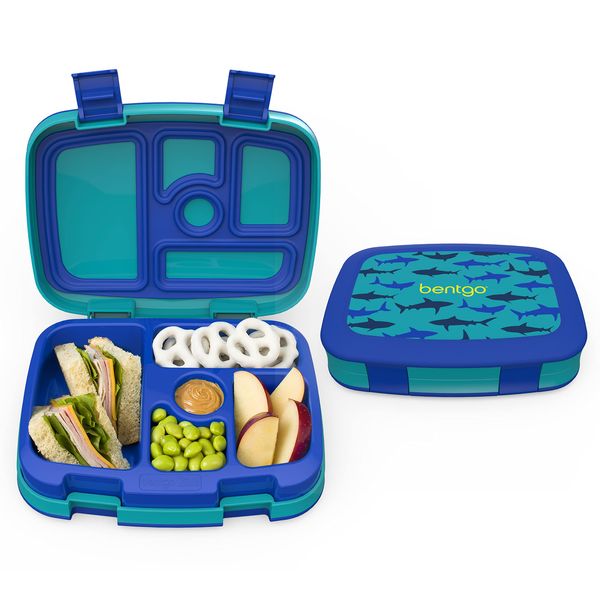 Bentgo® Kids Prints Leak-Proof, 5-Compartment Bento-Style Kids Lunch Box - Ideal Portion Sizes for Ages 3 to 7 - BPA-Free, Dishwasher Safe, Food-Safe Materials (Sharks)