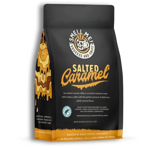 Bones Coffee Company Salted Caramel Flavored Coffee Beans, Medium Roast Ground Coffee Low Acid, Salted Caramel Flavor (12 oz)
