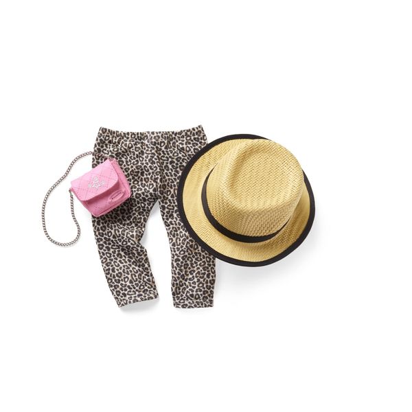 American Girl Truly Me 18-inch Doll Accessories Leopard-Print Pants, Pink Pants, and Straw Hat with Ribbon, For Ages 6+