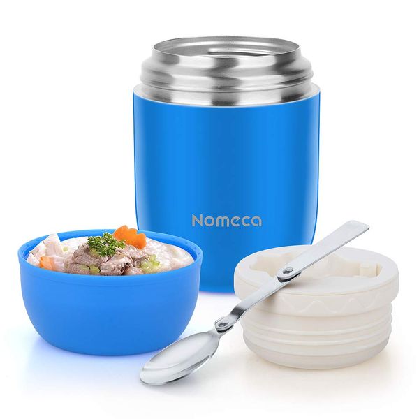 Insulated Lunch Container Wide Mouth Hot Food Jar Nomeca 16Oz Stainless Steel Vacuum Food Soup Flask With Spoon Leak Proof Keep Food Hot Cold Lunch Bento Box for Kids Adult School Office Outdoor, Blue