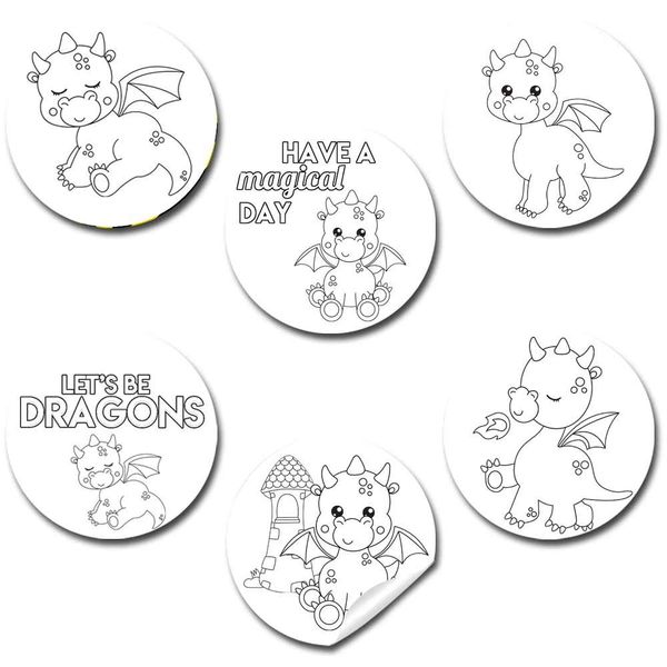 Color Your Own Magical Dragon Themed Birthday Party Favor Sticker Labels for Kids, 90 1.5" Party Circle Stickers by AmandaCreation, Great for Arts & Crafts, Envelope Seals, Goodie Bags & Treats