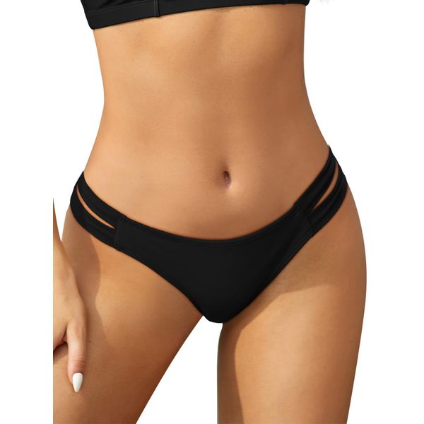 SHEKINI Bikini Bottoms Strappy Low Rise Brazilian Thong Sexy Swim Bottom for Women Black