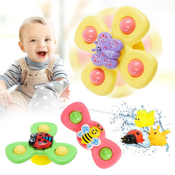 Ainiv Saugnapfer Drehspielzeug, 3 Stück Saugnapf Spinner Toys + 3 Stück Badespielzeug, Finger Hand Spinner, Tisch Saugnapf Sensorisches, Sensorisches Spielzeug, Toys Geschenke für 1-6 Jahre(Insekten)