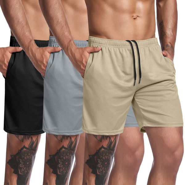 COOFANDY Men's 3 Pack Gym Workout Shorts Mesh Weightlifting Squatting Pants Training Bodybuilding Jogger with Pocket,Black/Gray/Khaki,X-Large