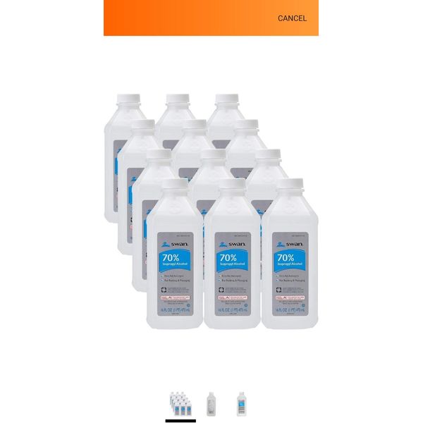 12 Bottles Of Swan 70 Isopropyl Alcohol First Aid Antiseptic, Clear, 16 Fl Oz.