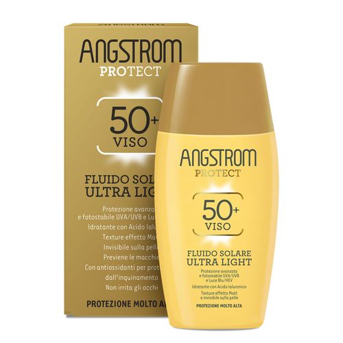 Angstrom Protect Fluido Solare Ultra Light Viso SPF 50+, Protezione Fotostabile UVA/UVB e Luce Blu/HEV, Con Acido Ialuronico, 40 ml