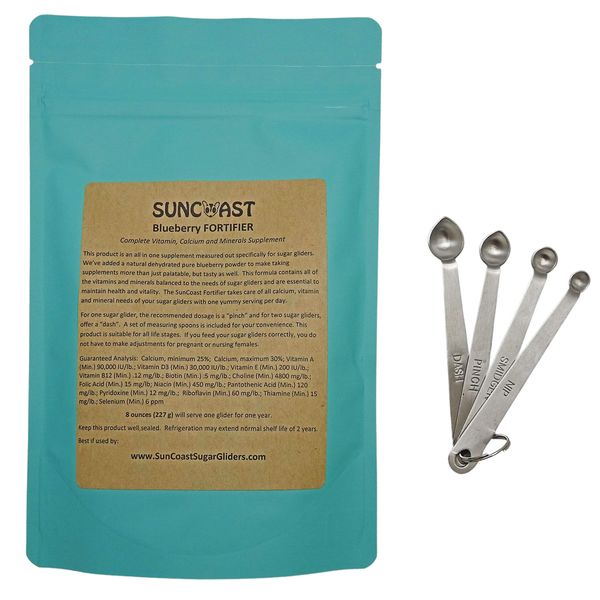 SunCoast Sugar Gliders Blueberry Fortifier Complete Vitamins and Calcium with Free Stainless Steel Measuring Spoons