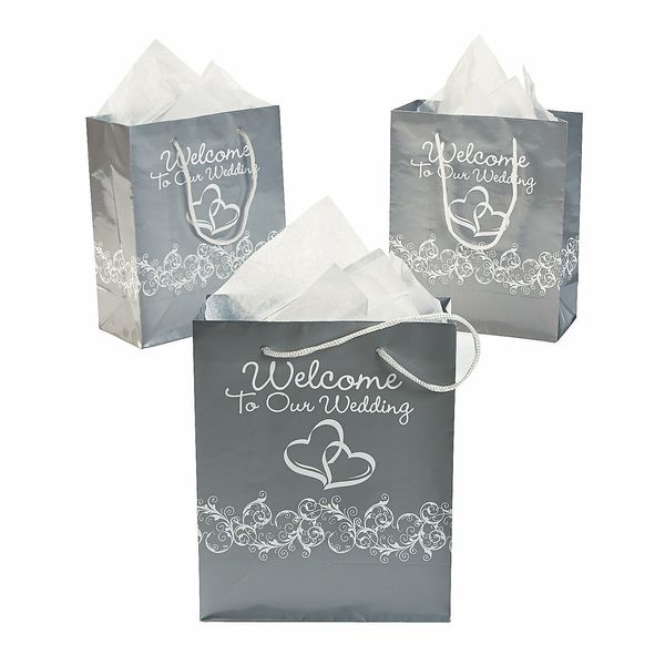 Medium Silver Two Hearts Welcome To Our Wedding Gift Bags