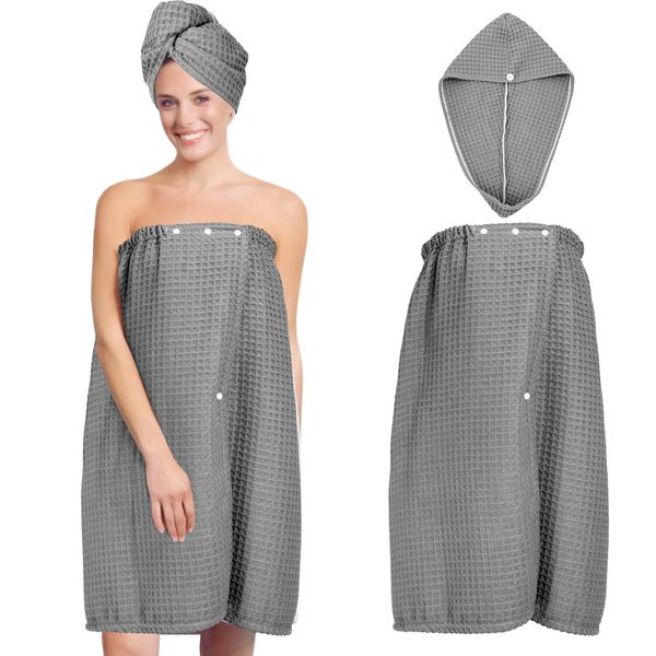 TOCOHO Women Microfiber Waffle Hair Drying Towel and Bath Wrap Towel Set- Adjustable Soft Body Wraps Dress with Hair Turban, Super Absorbent to Quick Drying Hair and Body (Grey)