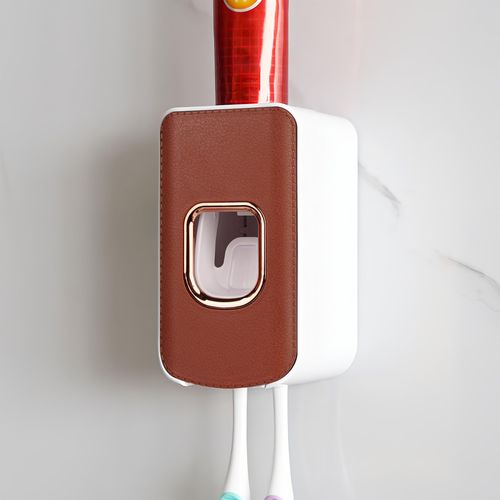 2 Slot Plastic Toothbrush Holder and Toothpaste Dispenser Wall Mounted, Automatic Toothpaste Squeezer, 2 in 1 Tooth Brush Toothpaste Organizer for Shower (Brown)