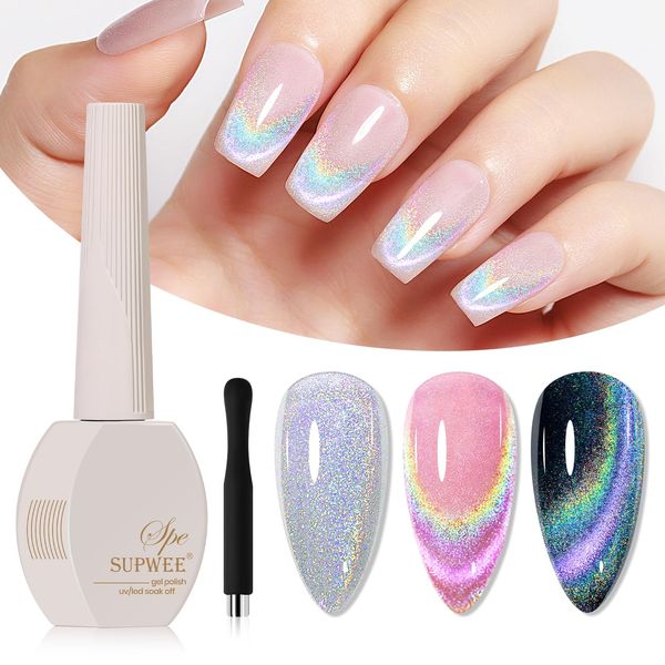 SUPWEE Rainbow Cat Eye Gel Nail Polish, 15ML Holographic Glitter 9D Cat Eye Gel Soak Off UV Gel with Magnetic Stick Cat Magnetic Gel Iridescent Home Nail Art DIY Manicure