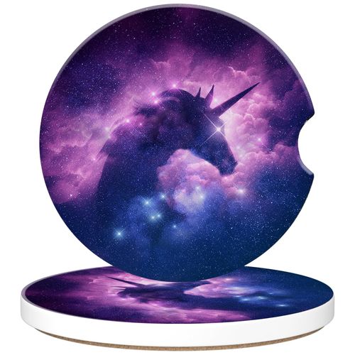 sndheke Car Cup Holder Coaster, Car Coasters for Cup Holder, 2 Pack Anti-Slip Absorbent Ceramic Car Coasters with Finger Notch Cork Base, Cute Car Cup Coasters for Women Men 2.56"" Unicorn Nebula