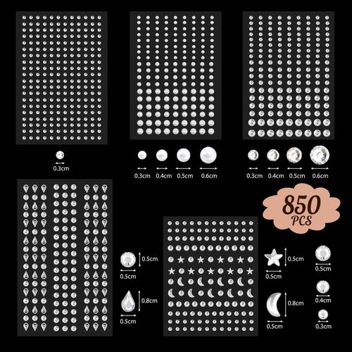 Self-Adhesive Rhinestones, Pack of 850 Gemstones, Glitter Stones Stickers, Rhinestone Temporary Tattoo for Face, Eyes, Body Nails, Crystal Jewels Gemstones for Festival Make-Up (Silver)
