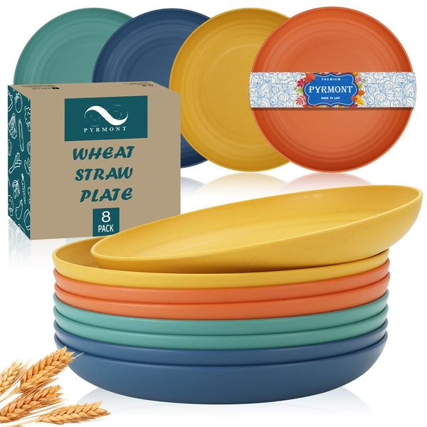 PYRMONT Dinner Plates Set of 8 Durable Wheat Straw Plates Reusable 9-inch Plates Alternative for Plastic Plates Dishwasher and Microwave Safe Unbreakable Plates for Kids Colorful