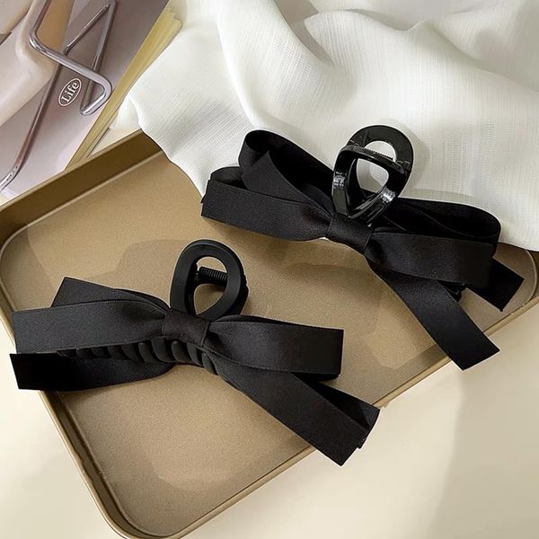 Agirlvct 2 Pcs Bow Hair Clips for Women,Big 5.2IN Silky Satin Hair Claw Clip,Large Hair Barrettes French Soft Ribbon Barrettes Bow-knot Aesthetic Cute for Girls Thin Thick Curly Hair(Black)