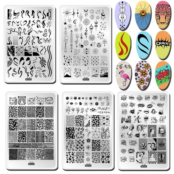 French Nails Stempel Nagelschablonen Set, 5 Stern Mond Blumen Nagelstempel Schablonen Geometry Lines Nail Stamping Plate Nagel Schablone Stempel Schlange Stamp Schablonen FüR NäGel Stamping Set