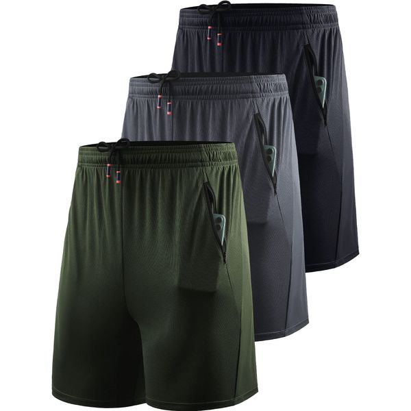 NELEUS Men's Basketball Shorts 7" Workout Running Shorts,6083,3 Pack,Black/Grey/Olive Green,XL