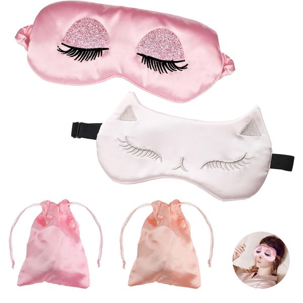 2 Pcs Sleep Mask, Personalised Silk Satin Sleep Eye Mask Comfort Soft Silk Eye Mask for Sleeping Women/Men Blackout Blindfold with Elastic Strap Super Smooth Eye Cover with 2 Pouch for Travelling