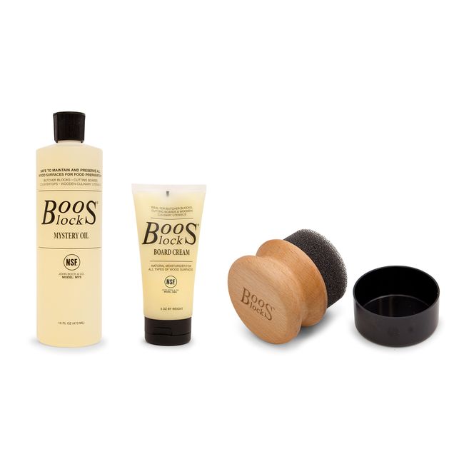 John Boos Block Cutting Board Care and Maintenance Set: Includes One 16 Ounce Bottle Mystery Oil, One 5 Ounce bottle Board Cream and One Round Applicator