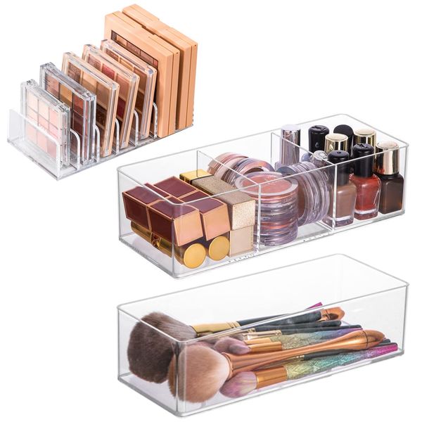 Anruyi 3Pcs Acrylic Makeup Organiser, Drawer Organizer 3 Compartments Makeup Holder Organiser 7-Section Divided Makeup Organizer for Eyeshadow Lipsticks Makeup Brushes, Transparent