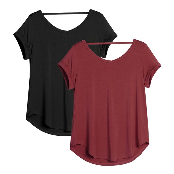 icyzone Damen Rückenfrei Yoga T-Shirt Kurzarm Sport Freizeit Tops Lose V-Ausschnitt Shirt, 2er Pack (L, Schwarz/Weinrot)