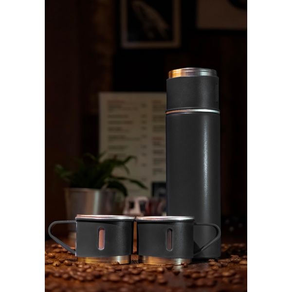 Vacuum Insulated Flask with Cups for Hot or Cold Drinks (Black)