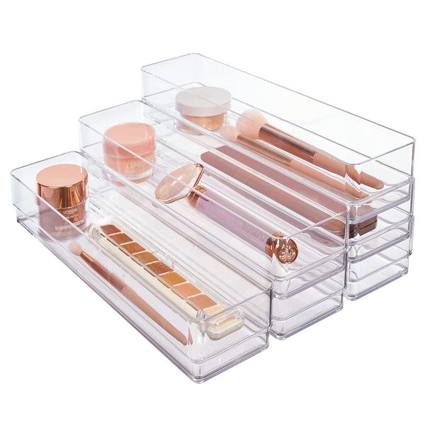 STORi SimpleSort 6-Piece Stackable Clear Drawer Organizer Set | 12" x 3" x 2" Rectangle Trays | Narrow Makeup Vanity Storage Bins and Office Desk Drawer Dividers | Made in USA