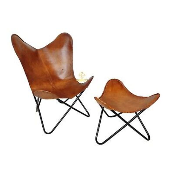 Set of Leather Butterfly Chair With Ottoman, Living Room Chair/Footstool