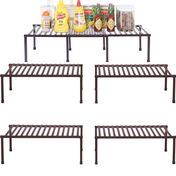 STORAGE MANIAC Set of 4 Expandable Kitchen Rack Wire Shelf Organizer Kitchen Organization Adjustable Metal Pantry Storage, Plate Dish Organizer for Cabinets Shelf Kitchen Counter Organizer, Brown