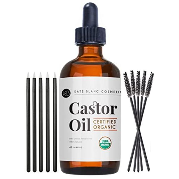 Organic Castor Oil (4oz), USDA Certified, 100% Pure, Cold Pressed, Hexane Free by Kate Blanc. Stimulate Growth for Eyelashes, Eyebrows, Hair. Skin Moisturizer & Oil Cleanse with Starter Kit