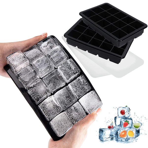 LessMo 2 Pack Ice Cube Tray, Silicone Square Ice Cube Molds with Non-Spill Lids, Space-Saving and Stackable Ice Cube, LFGB Certified and BPA-Free Best for Freezer, Baby Food, Water, Whiskey