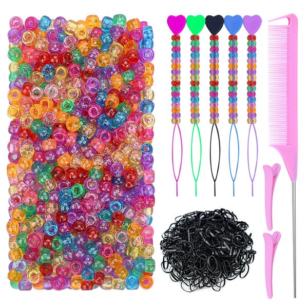 1008 Pcs Hair Beads Kit for Girls and Kids Hair Braids, 500Pcs 9x6mm Glitter Pony Beads, 500Pcs Mini Elastic Rubber Bands, 5Pcs Quick Beaders, 1Pcs Rattail Comb and 2Pcs Duckbill Clips