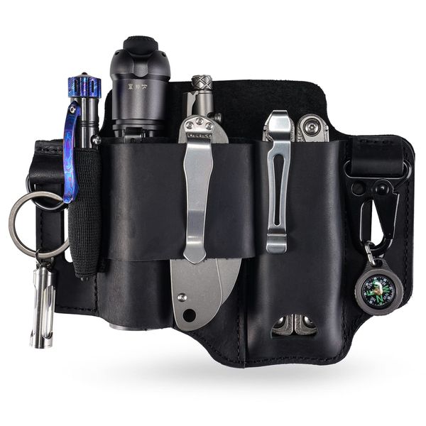 VIPERADE PJ36 EDC Multitool Sheath Leather Sheath for Men,EDC Pocket Organiser for Leatherman Multitool,Flashlight Holster and Pen Holder,Leather Belt Organiser Sheath with Key Holder (Black)