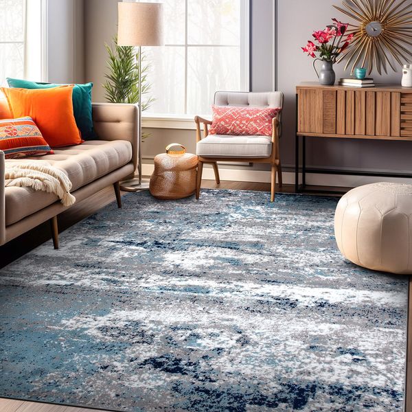 Rugshop Area Rug Distressed Abstract Watercolor Blue Carpet Living Room Rug 8X10