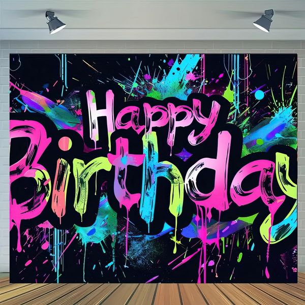 Blissyard Neon Happy Birthday Banner 71x43 Photography Backdrops Party Background Decorations Banner Colorful Graffiti Splash Paint Kids Birthday Supplies Neon Birthday Backdrops Glow in The Dark ​