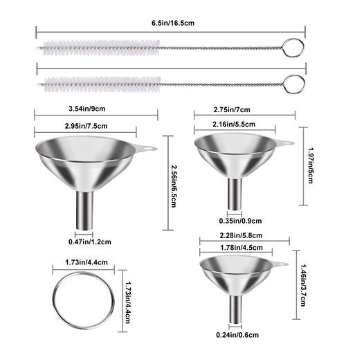 6Pcs Metal Stainless Steel Funnel, Large Small Funnel Set of 3, Food Grade Mini Funnels for Kitchen Use Filling Bottles Flask Cooking, 2 Brushes YLYL