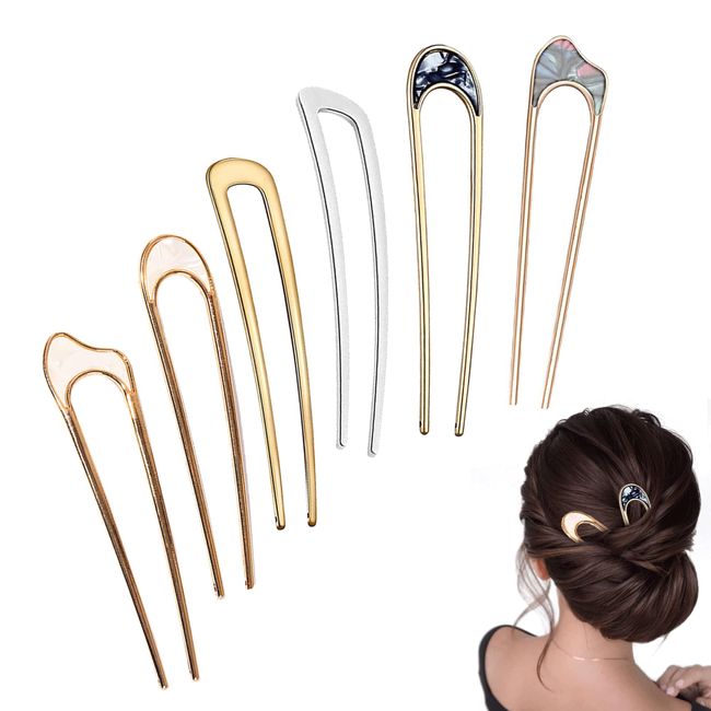 Hair Pins, 6PCS U-Shaped Hair Pin Set Fiona Franchimon Hairpin Vintage French Style Metal Hair Forks, Gold & Silver 2-Prong Updo Chignon Pins, Hair Accessories for Women and Girls