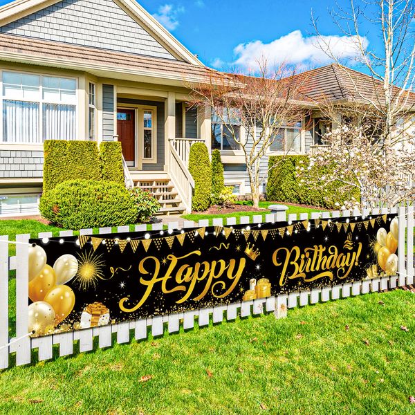 Deko Geburtstag, Happy Birthday Banner Groß, Banner Geburtstag Extra Länger 9.8x1.6 Füße, Draussen Party Deko Geburtstag für Kinder/Teenager/Frau (Schwarzes Gold)