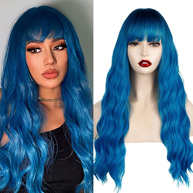 XUIEUI Blue Wigs for Women Long Dark Wig with Bangs Heat Resistant Synthetic Fiber Ombre Roots Wet and Wavy Loose Wave Curly Cosplay Party Costume Daily Use (24inch) TTK-LWW-BLUE