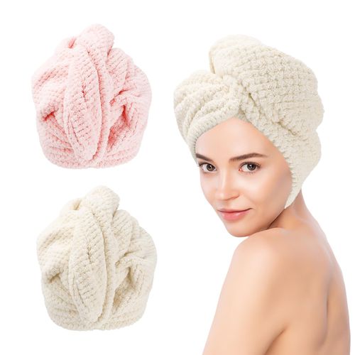 Microfiber Hair Towel Wrap for Women 2 Pack Hair Wrap Towels Hair Towels for Women Super Absorbent Quick Dry Hair Drying Towel Wrap Anti-Frizz Hair Turban Towel for Woman Curly Wet Hairs(Khaki Pink)