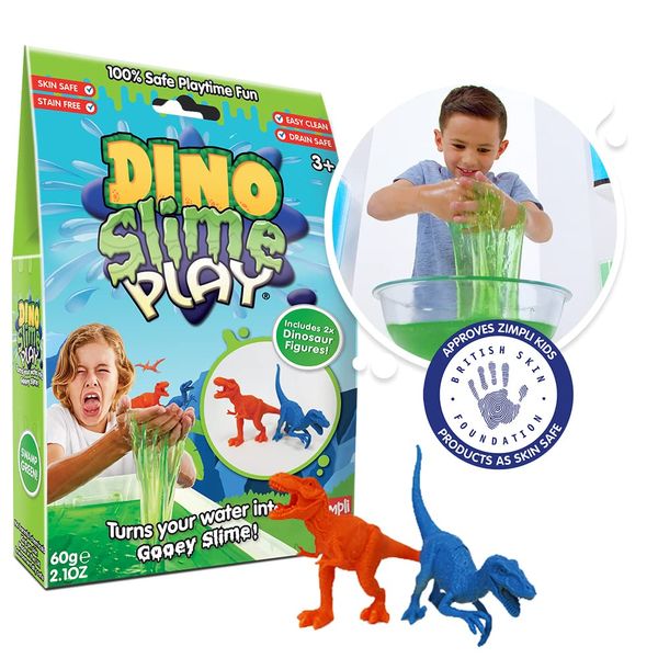 Dino Slime Play Green from Zimpli Kids, 2 x Dinosaur Figure Set, Magically turns water into gooey, colourful slime, Dinosaur Toys for Ages 3 and up, Slime Kit for Boys & Girls, STEM Educational Toy