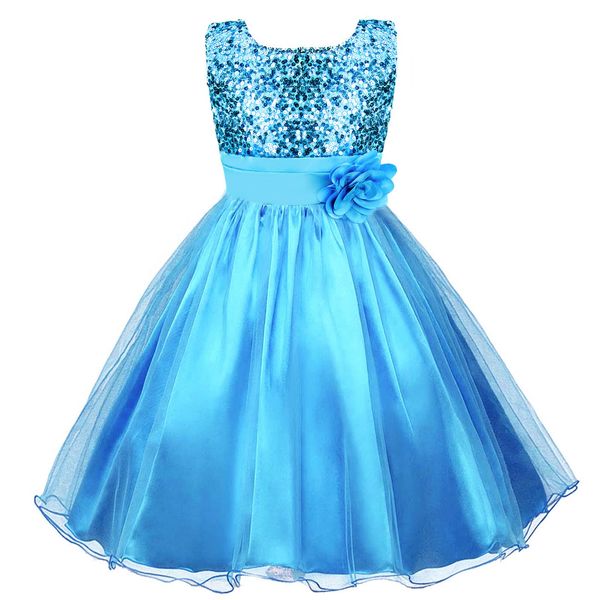 Discoball Girls Princess Dress Sequin Tulle Flower Pageant Birthday Party Wedding Bridesmaid Girl Dresses for 3-12 Years Blue