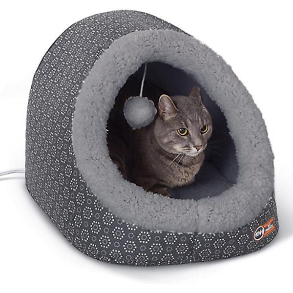 Thermo-Pet Cave Heated Cat Bed - Gray/Geo Flower 17 X 15 X 13 Inches