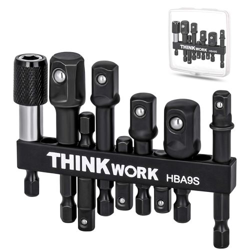 THINKWORK Impact Socket Adapter Set, 1/4" 3/8" 1/2" Drill Socket Adapter, 1/4" Hex Shank Impact Driver Socket Adapter for Cordless Drill, Impact Driver, Power Drill, Impact Drill, 9-Piece