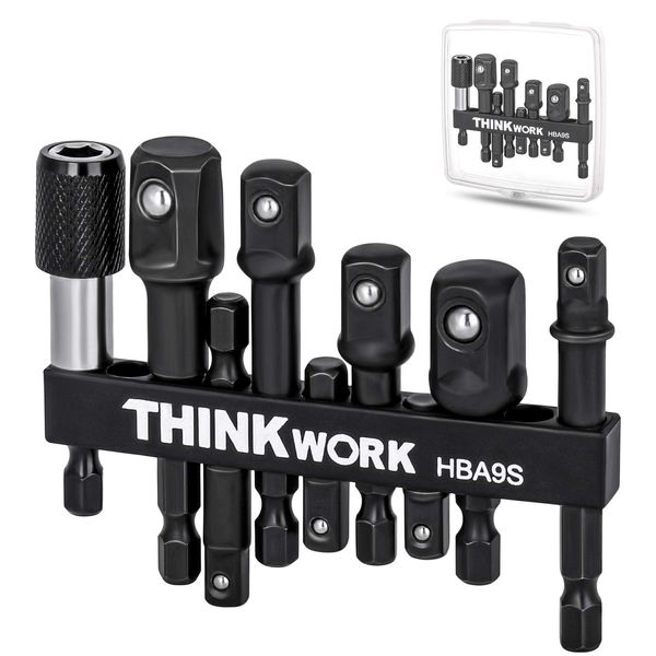 THINKWORK Impact Socket Adapter Set, 1/4" 3/8" 1/2" Drill Socket Adapter, 1/4" Hex Shank Impact Driver Socket Adapter for Cordless Drill, Impact Driver, Power Drill, Impact Drill, 9-Piece