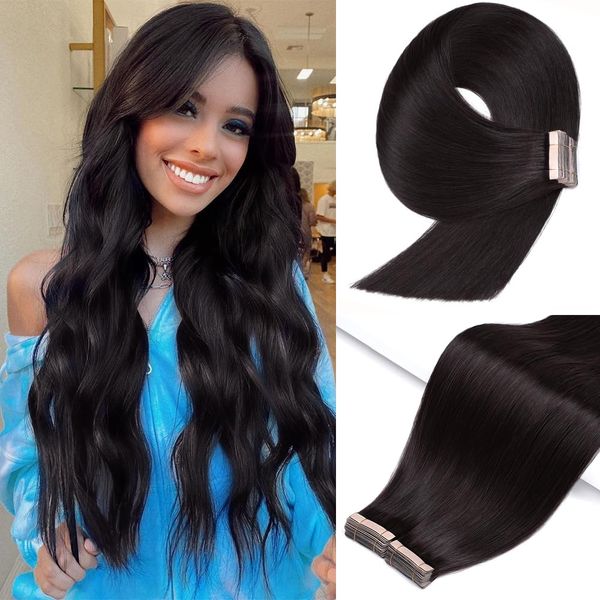 YDDM Tape In Extensions Echthaar 20pcs 45cm 40g Natürliches Schwarz Invisible Tape Extensions Echthaar Extensions Tape Extensions Echthaar Tape Extensions Skin Weft Haarverlängerung(18Zoll,1B#)